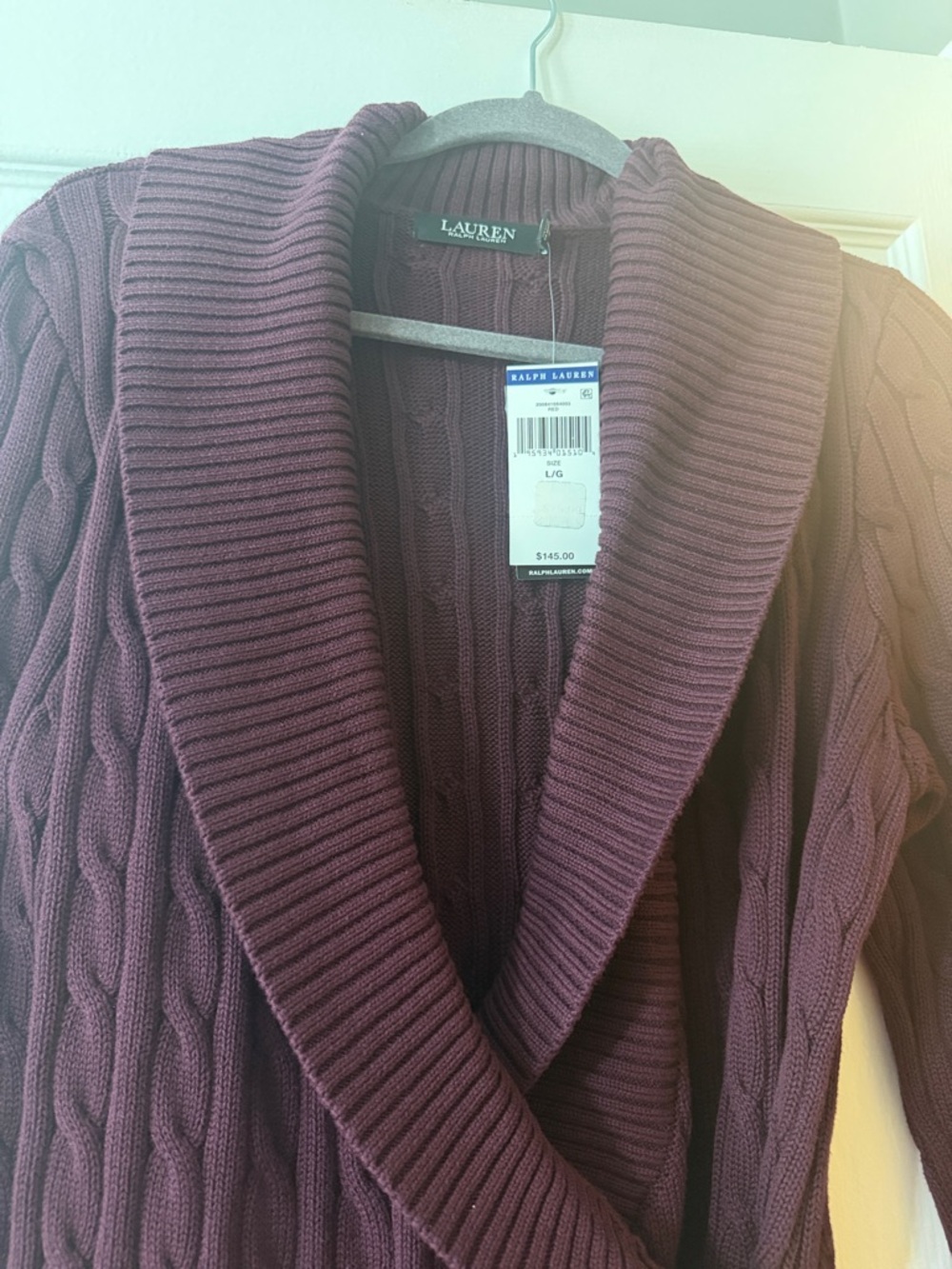 Ralph Lauren Cable Knit Shawl Collar Sweater in Deep Plum- like wine - Picture 5 of 8